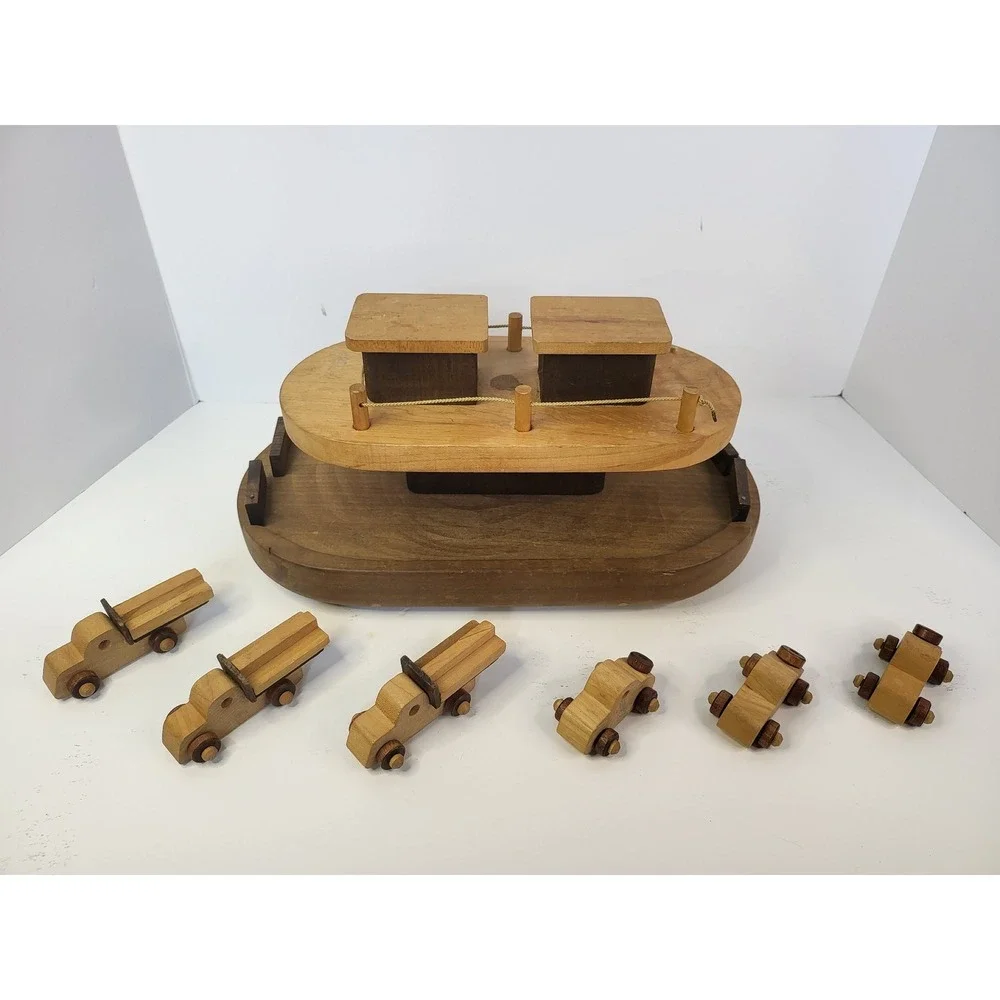 Tucker Toys Wooden Ferry Boat Set with 6 Cars and Trucks Made in USA Vintage